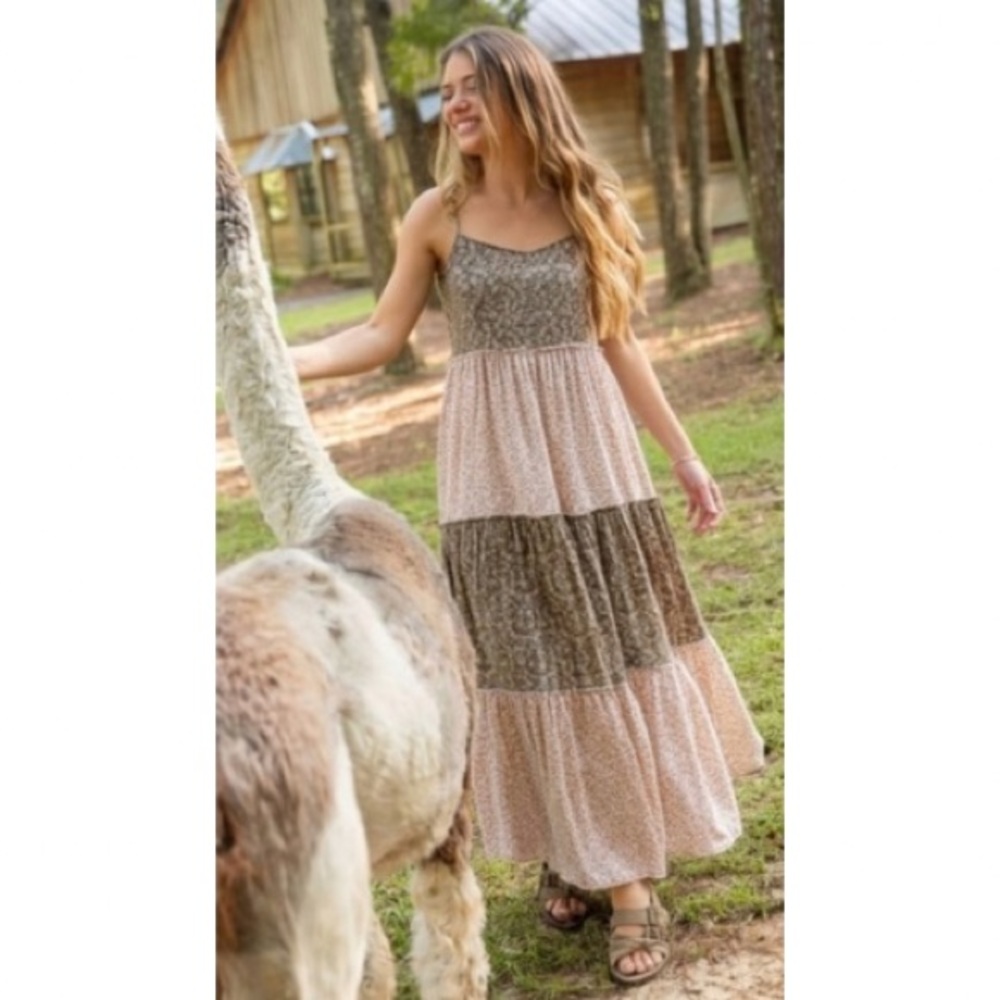 Boho Tiered Spaghetti Strap Maxi Dress - Pink and Brown - Picture 3 of 12